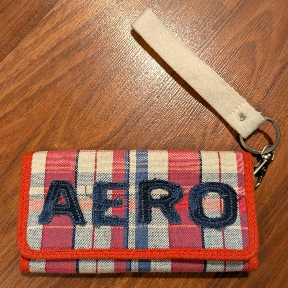 Vintage Y2K Aeropostale AERO Plaid Trifold Wristlet Wallet Red Navy Logo